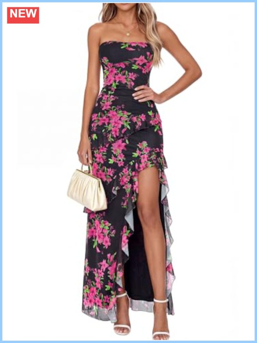 Mesh Off Shoulder Summer Dress High Slit Ruffle Hem Strapless